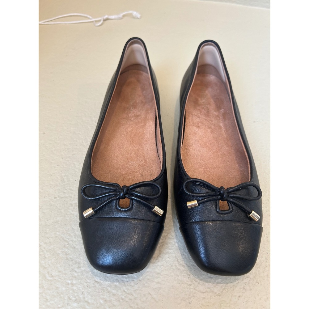 Vionic Klara Ballet Flats Black Nappa Leather Square Toe Bow Shoes Womens 9 NWOT - Picture 2 of 5